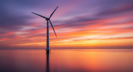 Wind Turbine at Sunset: Serene Waters Reflecting Vibrant Skies.