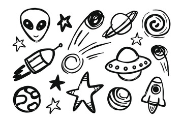 Celestial Doodles: Whimsical sketches of cosmic wonders, including a cute alien, stars, rockets, and planets. Explore the fun side of space!