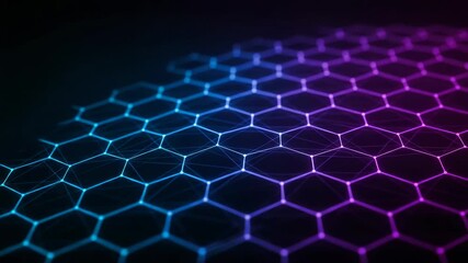 An abstract network of interconnected blue and purple hexagons forms a futuristic technological background - Powered by Adobe
