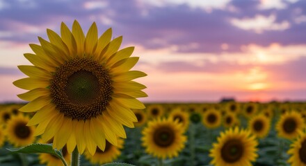 Fototapeta premium Sunflower Field at Sunset with Colorful Sky Landscape