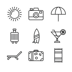 Nine outlined summer icons: sun, camera, umbrella, luggage, surfboard, cocktail, chair, suitcase, towel; arranged grid, black lines, white background, simple, vacation theme.
