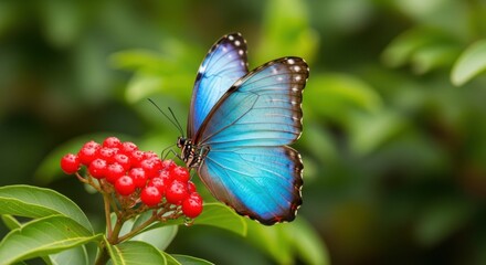 Fototapeta premium Beautiful Blue Butterfly Resting on Red Berries in Nature