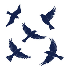 Obraz premium Five Dark Blue Bird Silhouettes Flying Vector Elements