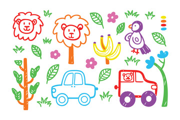 Playful Cartoon Illustration: Vibrant, hand-drawn illustrations of a playful cartoon world, featuring cheerful animals, colorful vehicles, and lush foliage create a whimsical atmosphere.