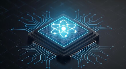 A glowing blue atomic symbol is displayed on a central processor chip, surrounded by intricate electronic circuits, representing advanced technology and scientific innovation