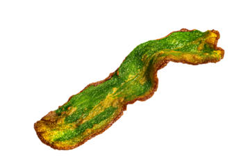 a green and yellow piece of food on a white surface