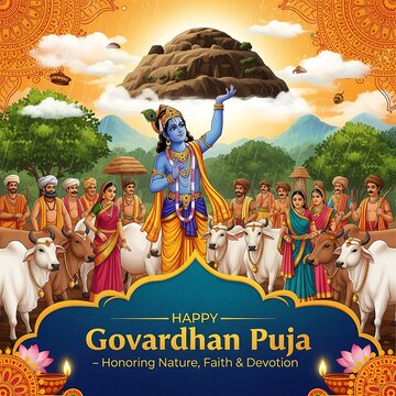 Lord krishna lifting govardhan hill protecting villagers and cows during monsoon season festival