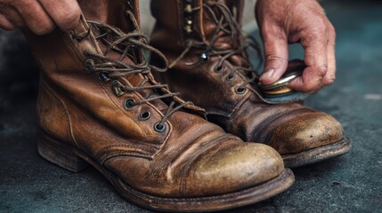 Worn leather work boots being polished.