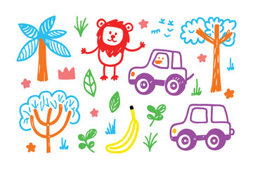 Cute hand-drawn cartoon scene: a colorful illustration with a playful lion, cars, trees and more, perfect for children's art.