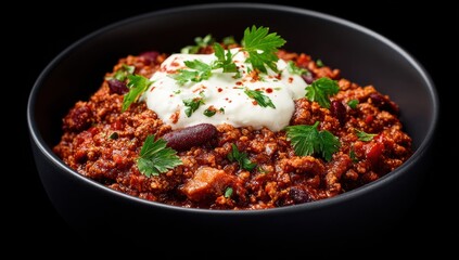 Hearty chili in a bowl, topped with sour cream and herbs