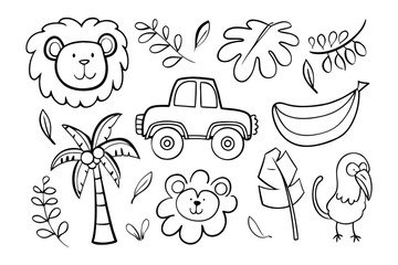 Jungle Sketch: A captivating collection of jungle-themed illustrations. The sketch embodies the vibrant essence of the jungle, including animals, leaves, car and more. 