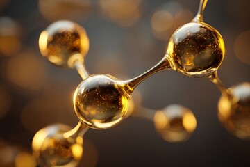 macro shot of a golden molecule floating in viscous fluid, glimmering highlights, abstract warm-tones background, depth of field, cinematic soft light