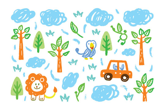 Childlike Whimsy: A vibrant illustration showcasing a collection of playful drawings, each element contributing to a scene of delightful imagination. The style embodies childhood innocence.