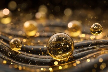 macro shot of a golden molecule floating in viscous fluid, glimmering highlights, abstract warm-tones background, depth of field, cinematic soft light