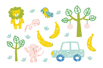 Childlike Wildlife Adventure: Delightful, childlike illustrations of exotic animals, fruits, and a vintage car create a whimsical safari scene, perfect for children's projects.