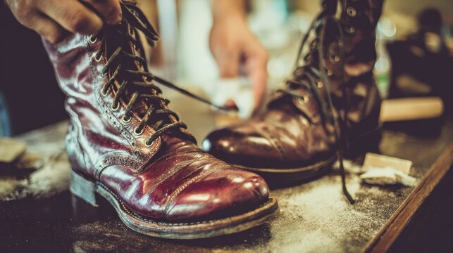 Close-up of leather work boots being repaired. - Powered by Adobe