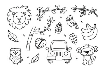 Jungle Sketch: a playful black and white illustration of various elements found in a jungle setting. The image has a clean and simple aesthetic, suitable for design and educational purposes.