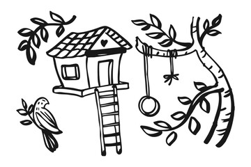Dreamy Treehouse in Monochrome: A whimsical illustration of a treehouse, complete with a ladder and swing set, along with a cheerful bird perching on a leafy branch.