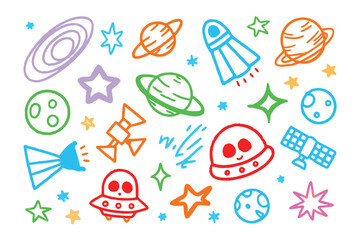 Cosmic doodles in space: playful illustrations of stars, planets, and celestial objects in a colorful, hand-drawn style. 