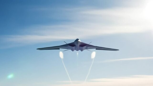 Futuristic Stealth Bomber Streaks Across the Hazy Blue Sky Leaving Vapor Trails