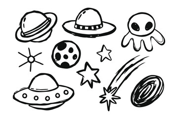 Galactic Doodle: A whimsical hand-drawn assortment of celestial bodies and extraterrestrial vehicles. Expressing a playful and imaginative spirit.