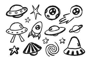Interstellar Doodle: Whimsical illustrated space-themed doodles on a transparent backdrop, featuring stars, planets, rockets, and other celestial bodies.