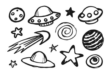 Cosmic Doodle Collection: Playful black and white doodles of celestial bodies like planets, stars, and UFOs, evoking a sense of childlike wonder and curiosity about the cosmos.