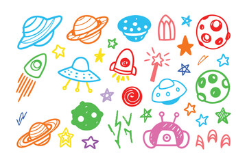 Cosmic Doodle: A whimsical collection of hand-drawn space elements, from planets and stars to rockets and UFOs, rendered in vibrant colors, evokes a sense of curiosity and wonder.