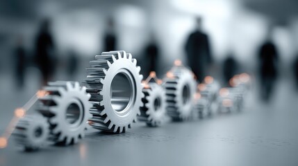 Business automation concept with digital gears, workflow visualization, and manager optimizing processes to enhance efficiency, output, and corporate agility.