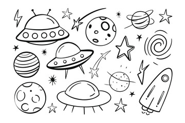Space Exploration Doodle: A captivating doodle showcasing a collection of celestial objects, illustrating the boundless wonders of space exploration with a whimsical touch.
