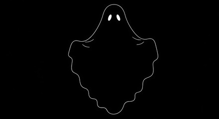 Minimalist line art illustration of a friendly ghost figure on a black background, spooky Halloween design, simple white outline drawing of a cartoon ghost