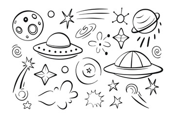 Celestial Doodle: A whimsical illustration showcases a collection of cosmic elements, offering a playful glimpse into the wonders of the cosmos. 