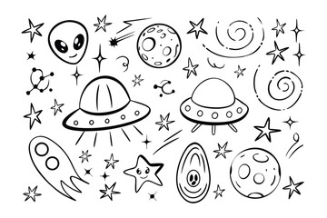 Cosmic Doodle: An artistic array of celestial illustrations including UFOs, alien, moon and stars forming a whimsical, eye-catching doodle with an imaginative style.