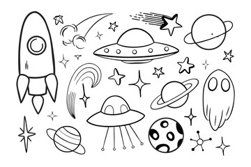 Space Doodle: A whimsical illustration of space elements in doodle style including spaceship, planet, stars, comet, and UFO. Capturing imagination and wonder.