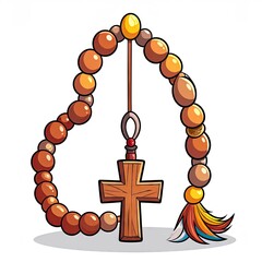Wooden Rosary With Cross Pendant Against Plain White Background Studio Lighting