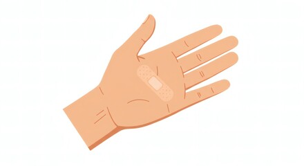 Minimalist Vector Illustration of Human Hand with Small Bandage on Palm – Flat Medical Infographic Style on White Background, Symbolizing First Aid or Minor Injury, Clean and Professional Design

