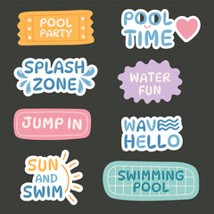 Сute summer pool party stickers with hand drawn lettering. Doodle vector swimming and water fun label on black background