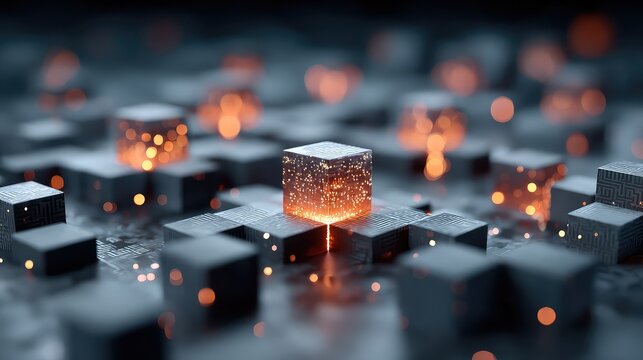 Abstract blockchain network rendered in paper cut style with glowing encryption cubes symbolizes decentralized finance, secure crypto architecture, and digital ledger design.