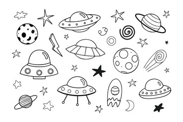 Cosmic Doodle: An illustration showcasing a collection of whimsical, hand-drawn space elements, stars, planets and UFOs, perfect for imaginative projects.