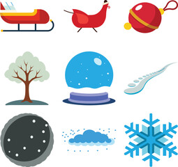 Winter Christmas Vector Icons – Sleigh, Bell, Snow Globe, Tree, Snowflake, Cloud, Moon, Snowfall, Bird, Sled – Holiday Clipart for Cards, Crafts, Decor & Seasonal Design Projects