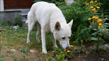 Obraz premium White dog sniffing flowers in a garden.