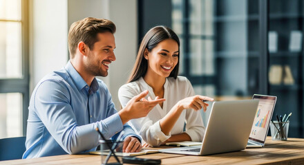 Business Colleagues Collaborate on Laptop Reviewing Data Charts Graphs