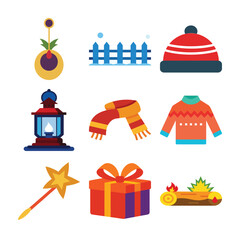 Fototapeta premium Christmas Winter Vector Icons – Gift, Hat, Scarf, Sweater, Lantern, Magic Wand, Log Fire, Ornament, Fence – Cozy Holiday Clipart for Cards, Crafts, Decorations & Seasonal Designs