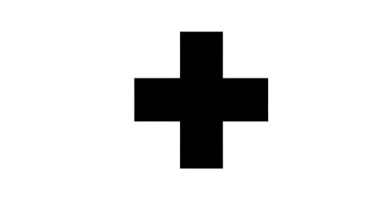 Simple black cross shape symbol, isolated on white background, minimalist graphic design element, geometric plus sign, abstract religious or medical icon, dark monochrome illustration