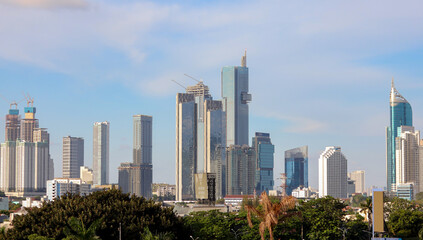 A high resolution image of modern skyscrapers and office towers in Jakarta central business...