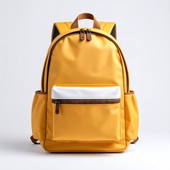 Yellow School Backpack On White Background Studio Shot Featuring Brown Zipper Detail And Side Pockets