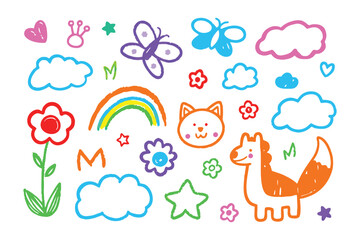 Whimsical Illustration: A collection of charming hand-drawn doodles, featuring a colorful rainbow, playful clouds, vibrant flowers, and cute animal illustrations.