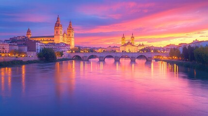 Fototapeta premium Cityscape at sunset over river with cathedral