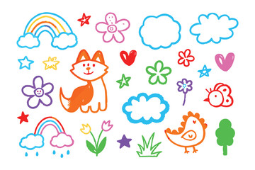 Obraz premium Kid's art Illustration: Whimsical, childlike drawings of colorful elements, including rainbow, flower, cloud, star, heart, cute dog, bird, butterfly and tree against a clean backdrop.