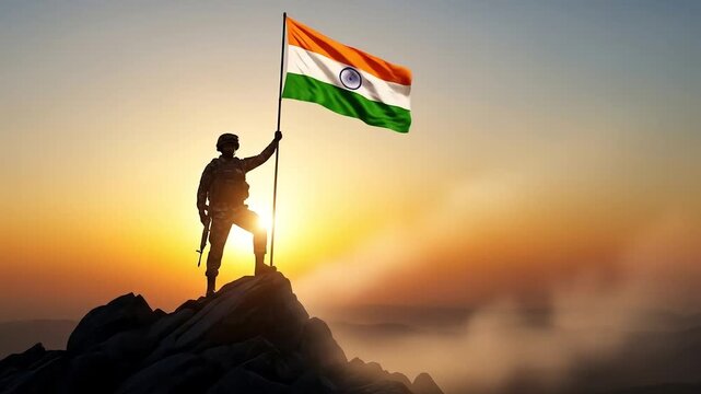 Indian Soldier Proudly Hoists the National Flag on a Mountain Peak at Glorious Sunrise
